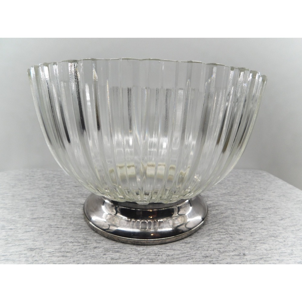 Vtg Godinger Ribbed Crystal Serving Bowl Silver Plated Pedestal Base Italy